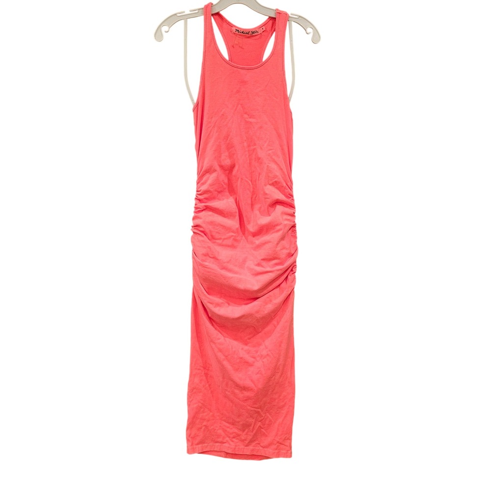 Michael Stars Neon Coral Pink Ruched Racerback Midi Vivian Dress Womens S